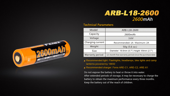 FENIX BATTERIE 18650 2600 mAh USB